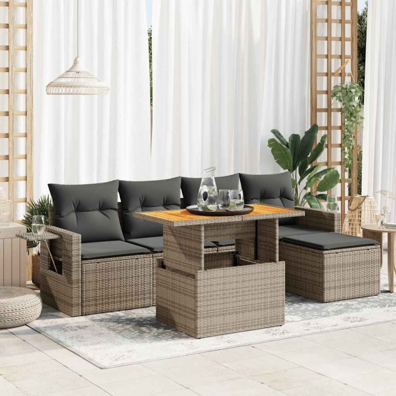 Salon de jardin 6 pcs avec coussins gris résine tressée 633607633607