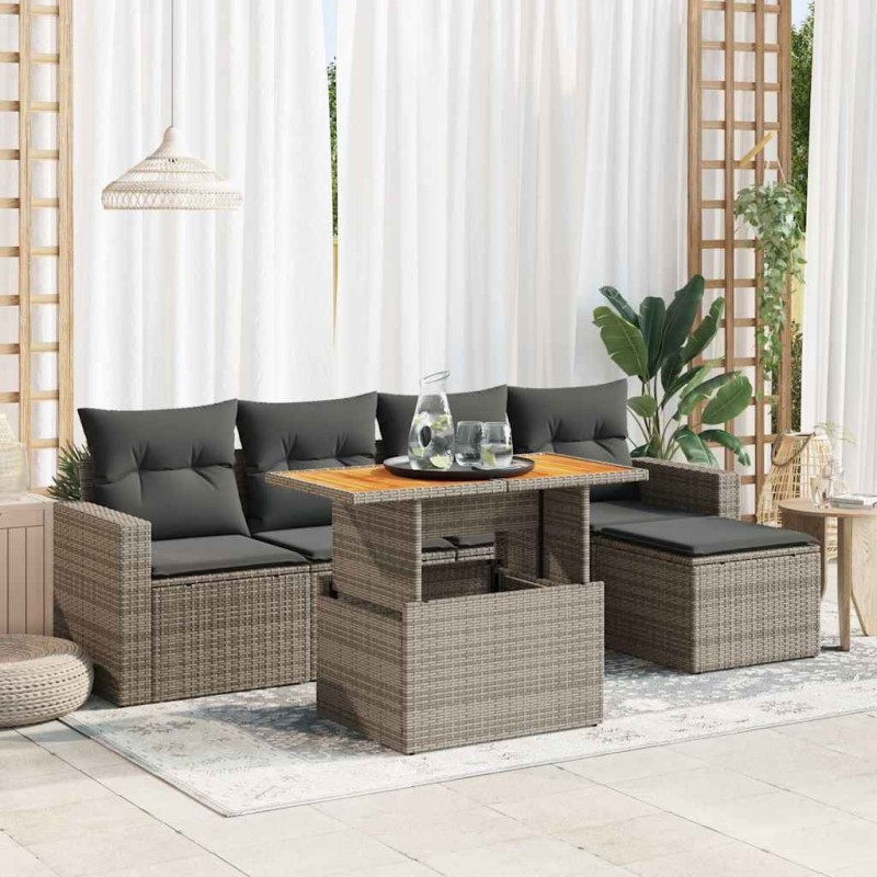 Salon de jardin 6 pcs avec coussins gris résine tressée 633608633608