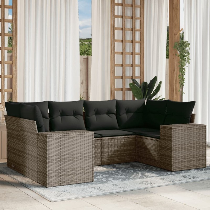 Salon de jardin 6 pcs avec coussins gris résine tressée 633761633761