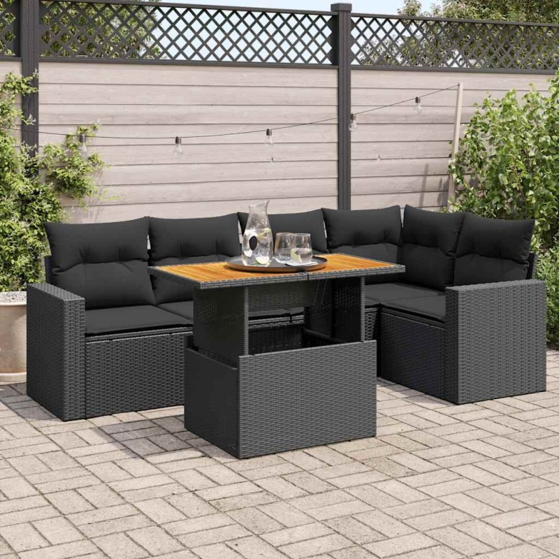 Salon de jardin 6 pcs avec coussins noir résine tressée 633871633871