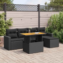 Salon de jardin 6 pcs avec coussins noir résine tressée 633929633929