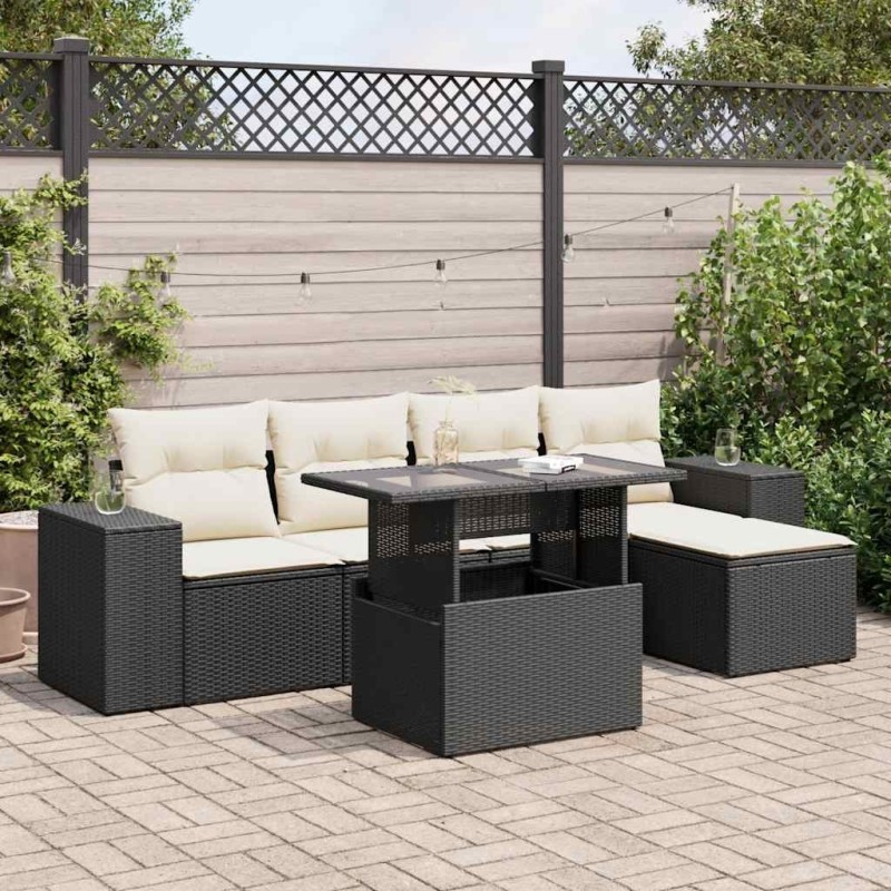 Salon de jardin 6 pcs avec coussins noir résine tressée 633931633931