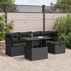 Salon de jardin 6 pcs avec coussins noir résine tressée 633932633932