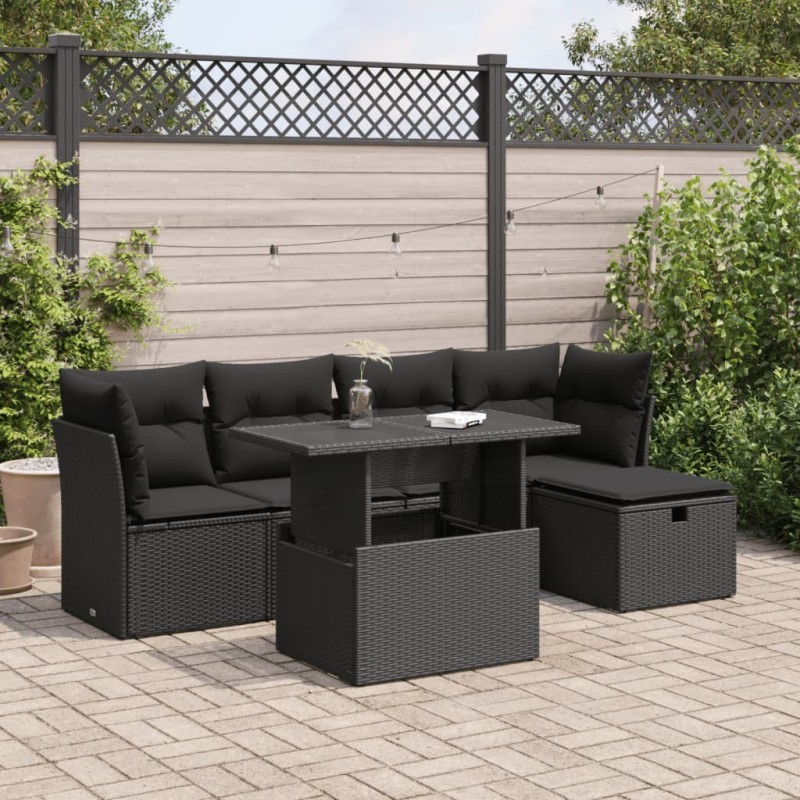 Salon de jardin 6 pcs avec coussins noir résine tressée 633932633932