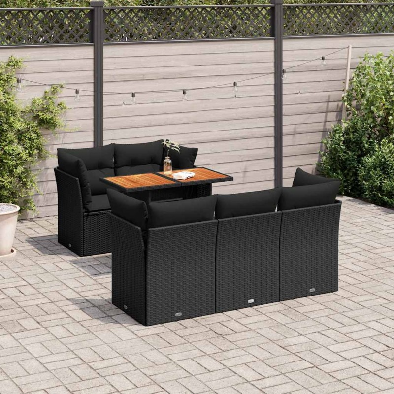 Salon de jardin 6 pcs avec coussins noir résine tressée 634057634057