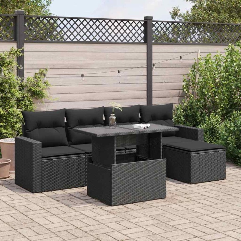 Salon de jardin 6 pcs avec coussins noir résine tressée 634060634060