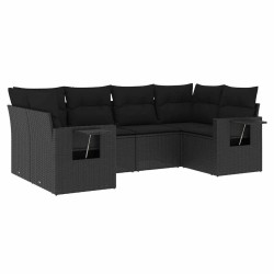 Salon de jardin 6 pcs avec coussins noir résine tressée 634090634090