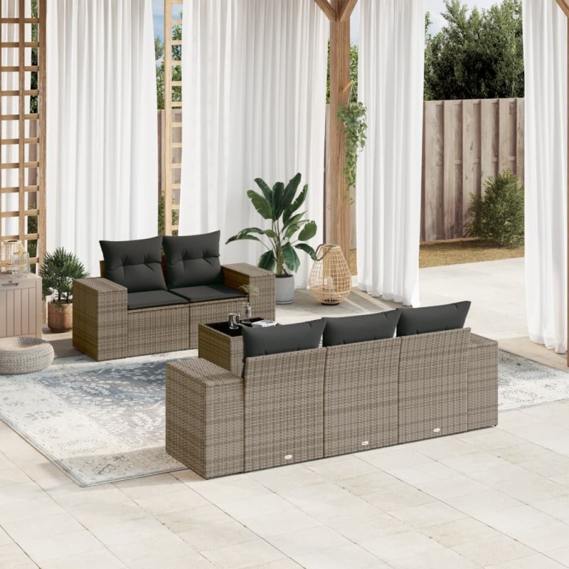 Salon de jardin 6 pcs avec coussins gris résine tressée 634095634095