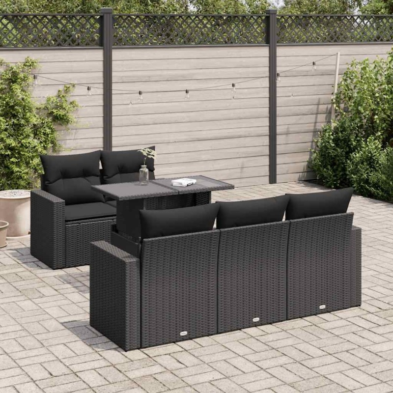 Salon de jardin 6 pcs avec coussins noir résine tressée 634219634219