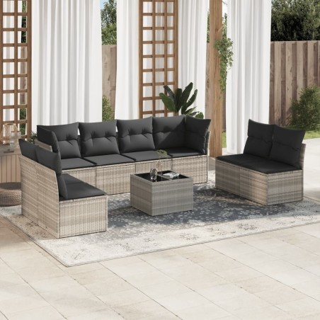 Salon de jardin 9 pcs avec coussins gris clair résine tressée 634282634282