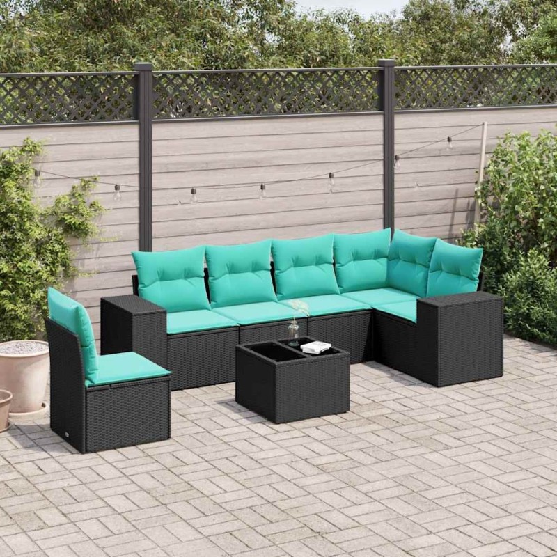 Ensemble de canapé de jardin 7 pcs avec coussins noir résine tressée 634476634476