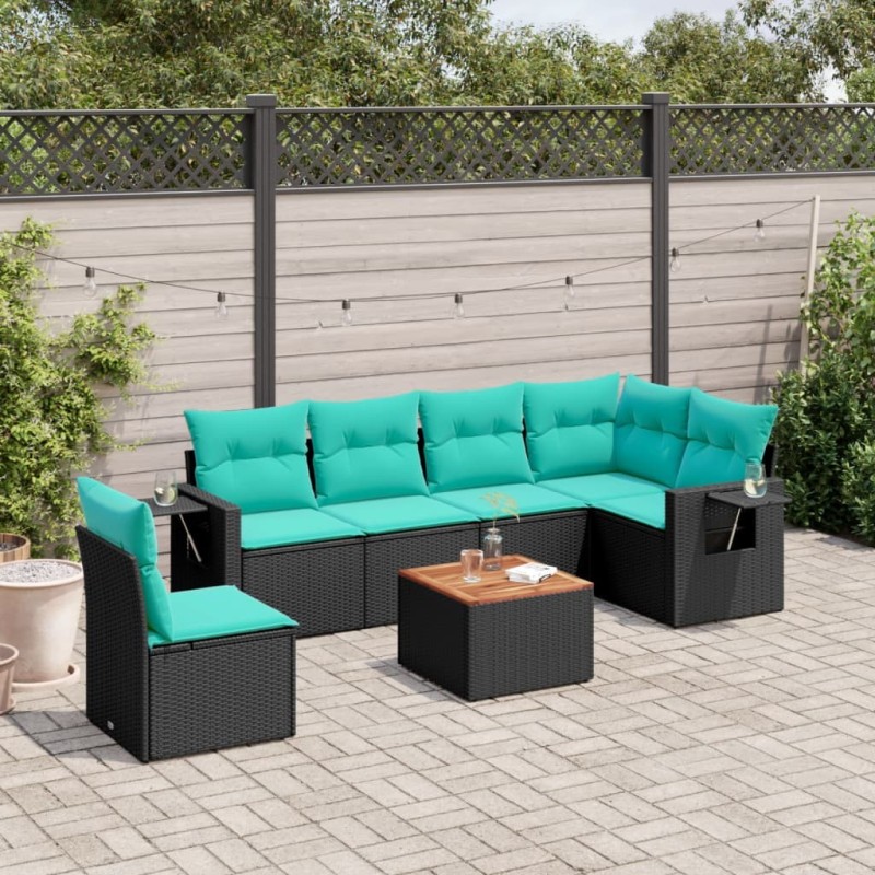 Ensemble de canapé de jardin 7 pcs avec coussins noir résine tressée 634477634477
