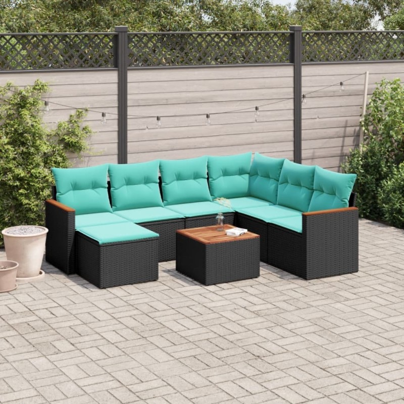 Ensemble de canapé de jardin 8 pcs avec coussins noir résine tressée 634490634490
