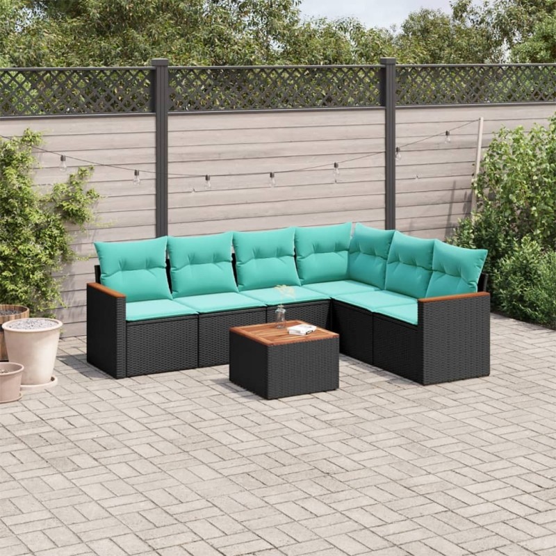 Ensemble de canapé de jardin 7 pcs avec coussins noir résine tressée 634497634497