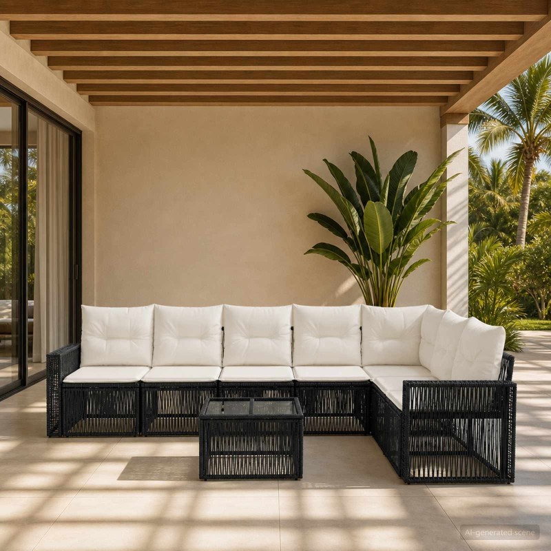 Ensemble de canapé de jardin 8 pcs Noir et blanc crème 634502634502