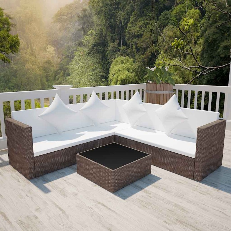 Salon de jardin 4 pcs avec coussins Résine tressée Marron 634668634668