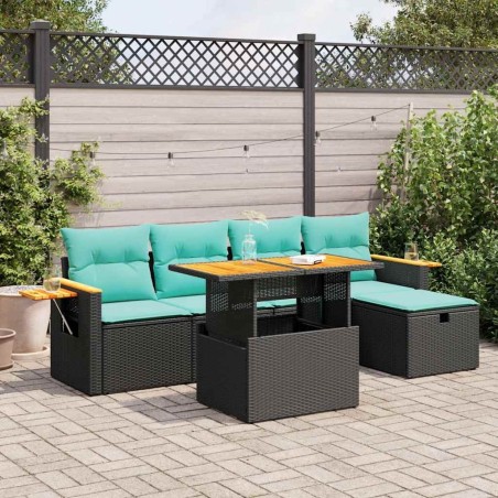 Salon de jardin 6 pcs avec coussins noir résine tressée acacia 634723634723
