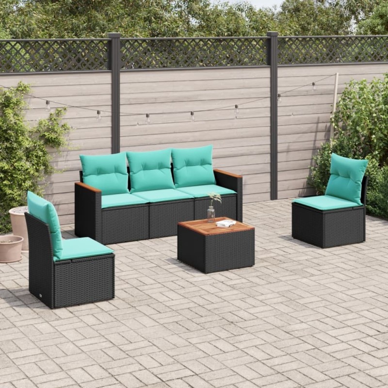 Ensemble de canapé de jardin 6 pcs avec coussins noir résine tressée 636107636107