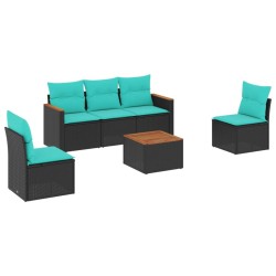Ensemble de canapé de jardin 6 pcs avec coussins noir résine tressée 636107636107