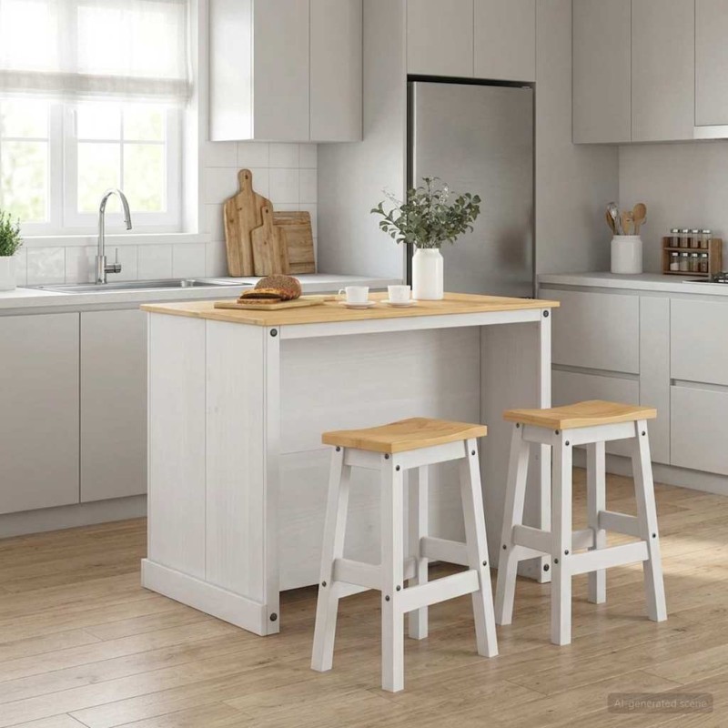 Ensemble Cuisine Îlot 3 pcs Blanc et Cire de Miel Pin massif 636118636118