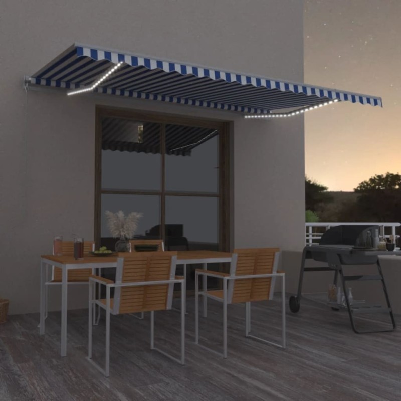 Auvent manuel rétractable avec LED 500x350 cm Bleu et blanc 636151636151