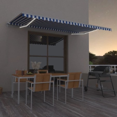 Auvent manuel rétractable avec LED 500x350 cm Bleu et blanc 636151636151
