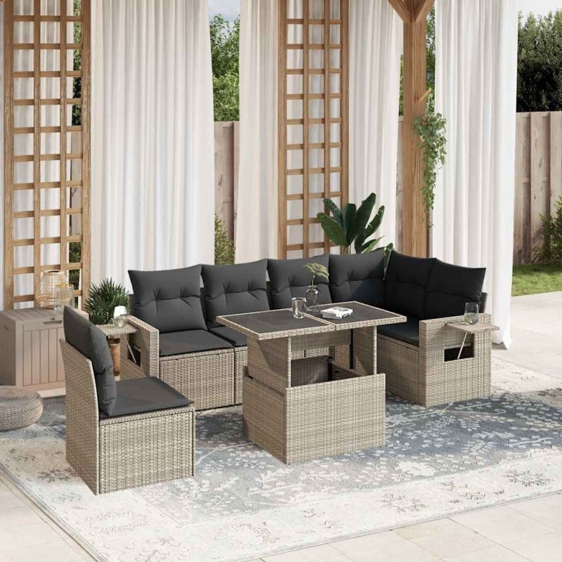 Salon de jardin avec coussins 7 pcs gris clair résine tressée 636291636291