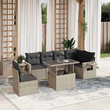 Salon de jardin avec coussins 7 pcs gris clair résine tressée 636291636291