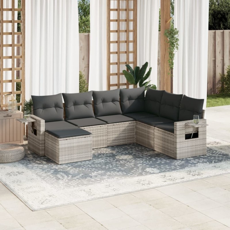 Salon de jardin avec coussins 7 pcs gris clair résine tressée 636335636335