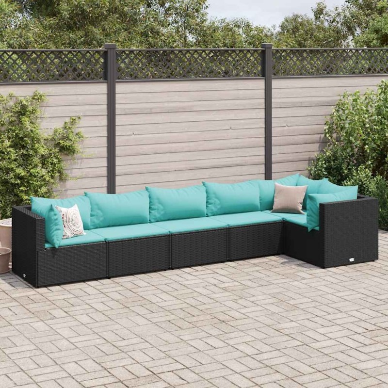 Salon de jardin 6 pcs avec coussins Noir Résine tressée 636357636357