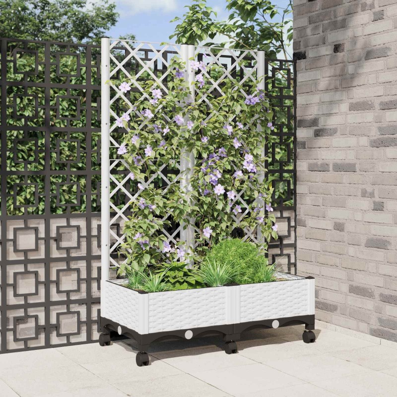 Bac de jardin avec treillis et roues Blanc 80 x 40 x 131,5 cm 636597636597