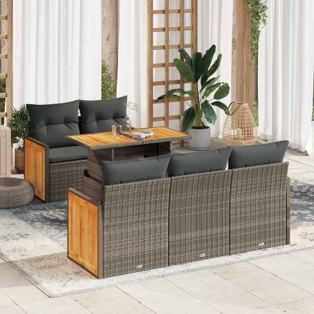 Salon de jardin avec coussins 6 pcs gris résine tressée acacia 636663636663
