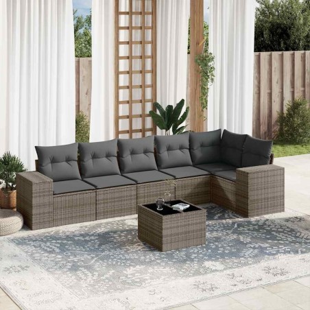Salon de jardin avec coussins 7 pcs gris résine tressée 636682636682