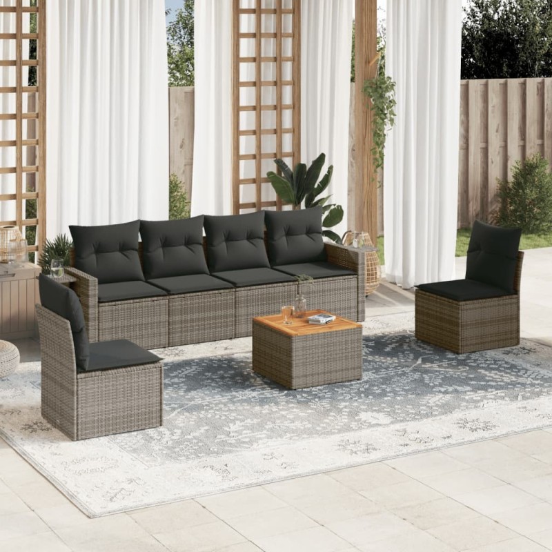 Salon de jardin avec coussins 7 pcs gris résine tressée 636687636687