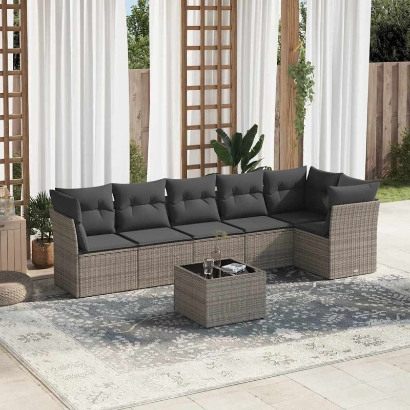 Salon de jardin avec coussins 7 pcs gris résine tressée 636815636815