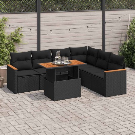 Salon de jardin avec coussins 7 pcs noir résine tressée acacia 636868636868