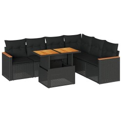 Salon de jardin avec coussins 7 pcs noir résine tressée acacia 636868636868