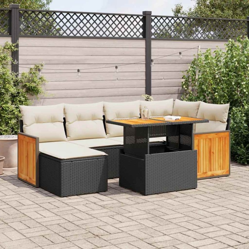 Salon de jardin avec coussins 7 pcs noir résine tressée acacia 636883636883