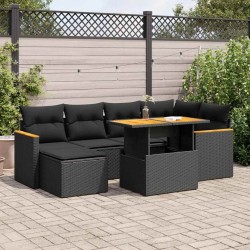 Salon de jardin avec coussins 7 pcs noir résine tressée acacia 636884636884