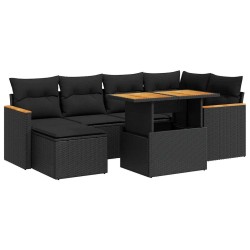 Salon de jardin avec coussins 7 pcs noir résine tressée acacia 636884636884
