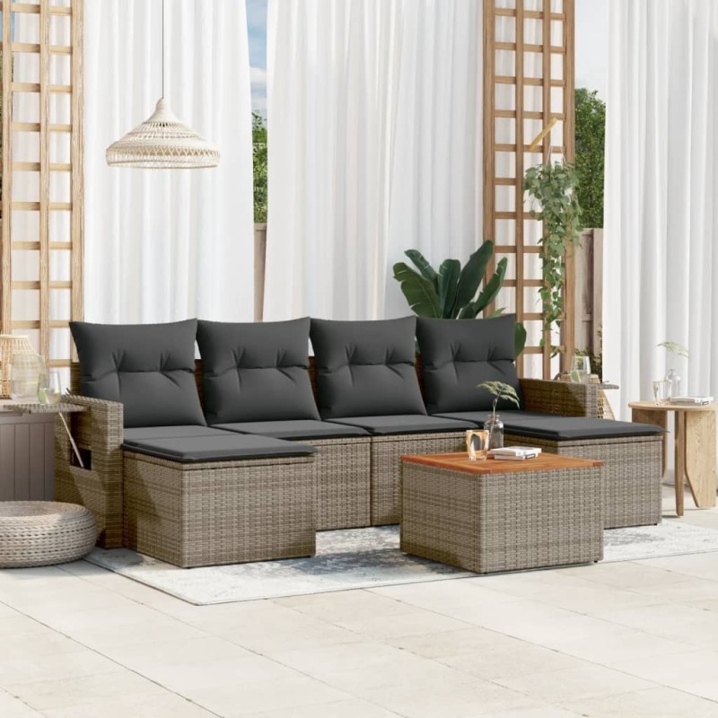Salon de jardin avec coussins 7 pcs gris résine tressée 636938636938