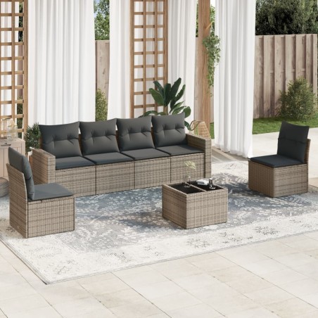 Salon de jardin avec coussins 7 pcs gris résine tressée 636952636952