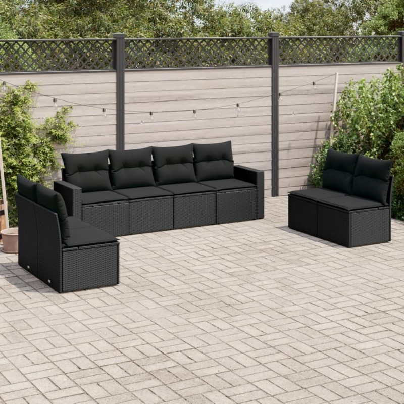 Salon de jardin 8 pcs avec coussins noir résine tressée 636970636970