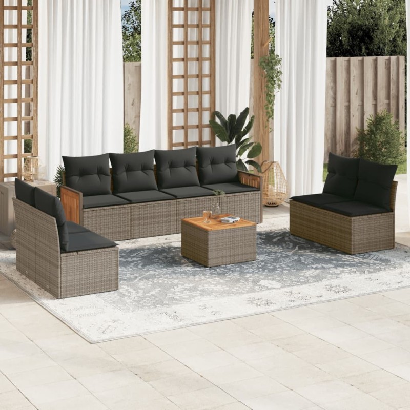 Salon de jardin 9 pcs avec coussins gris résine tressée 636982636982