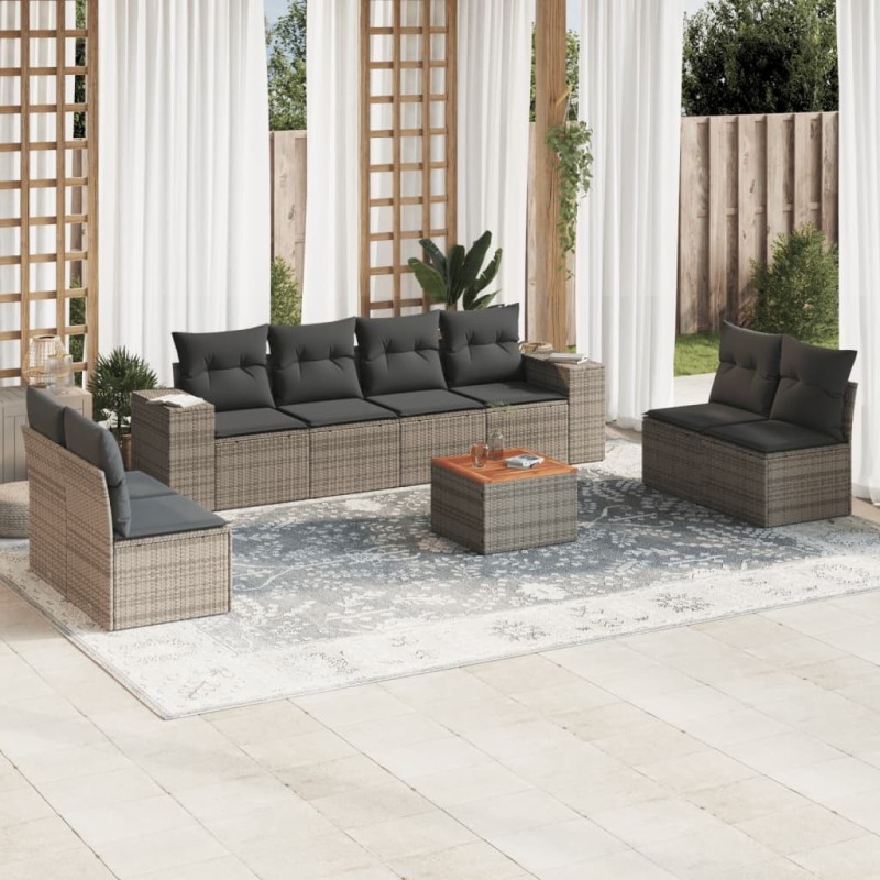 Salon de jardin 9 pcs avec coussins gris résine tressée 636986636986