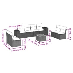 Salon de jardin 9 pcs avec coussins gris résine tressée 636986636986