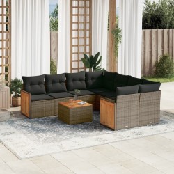 Salon de jardin 9 pcs avec coussins gris résine tressée 636987636987