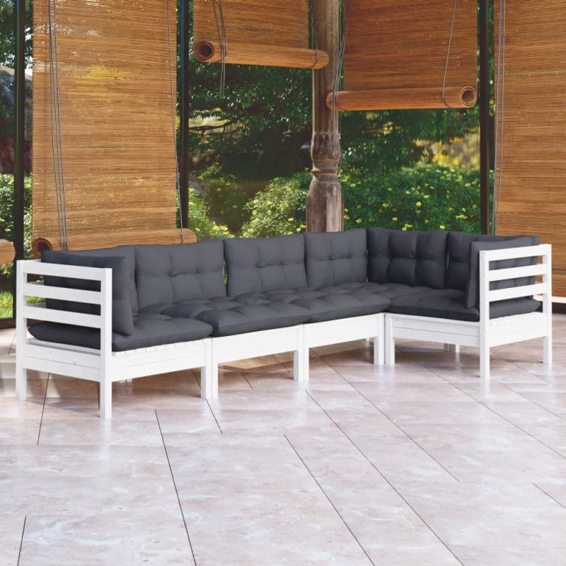 Salon de jardin 5 pcs avec coussins blanc bois de pin 637010637010