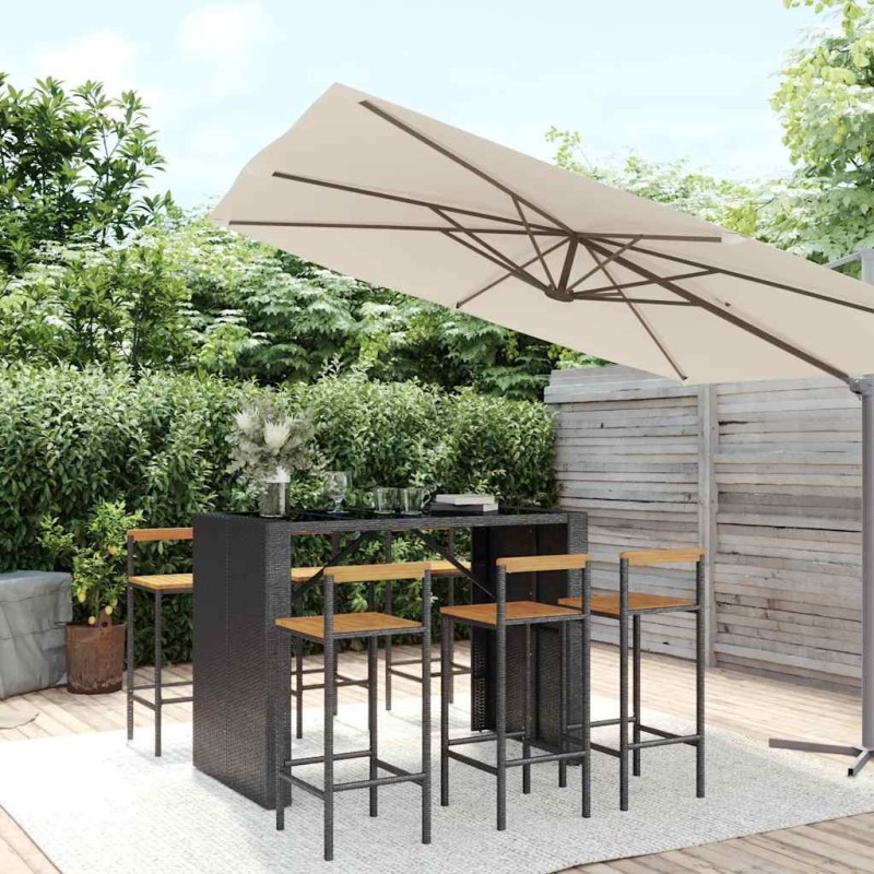 Ensemble de bar jardin 7 pcs noir poly rotin/bois massif acacia 637098637098