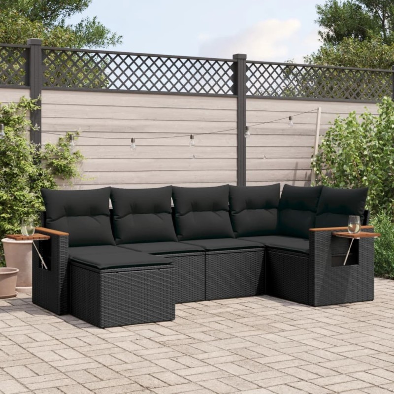 Salon de jardin 6 pcs avec coussins noir résine tressée 637138637138